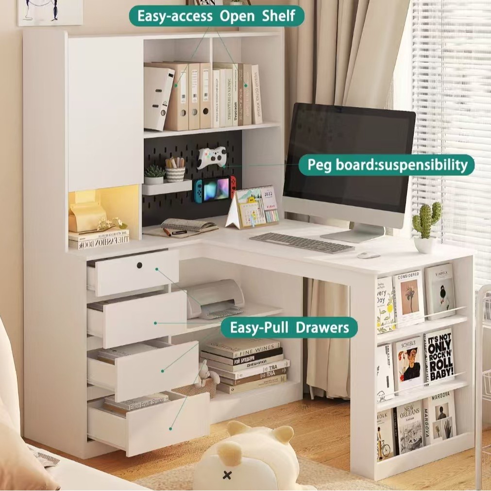 Escritorio de comercio electrónico transfronterizo en forma de L, con toma de corriente y luz LED, escritorio de computadora de madera con cajón