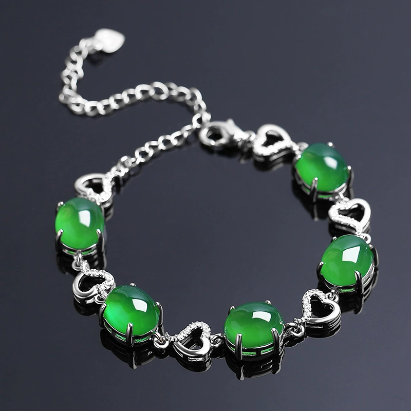 Agate emerald silver bracelet jade, stone inlay, 2021 collection