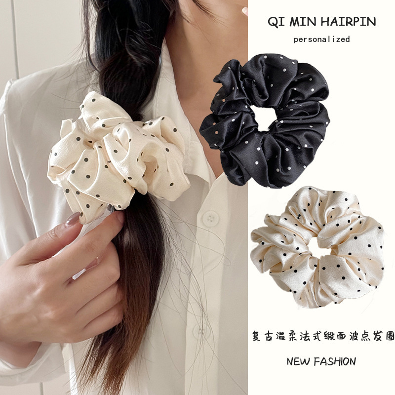 French Satin Dot Colon Ring ~ Retro Gentle Hair Ring High Elastic Ball Head Rubber Tendon 2024 Hair Rope Head Rope