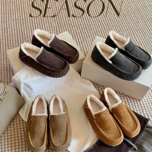牛皮版~葡萄ma同款增高4cm方圆头厚底一脚蹬加绒毛毛乐福豆豆鞋女