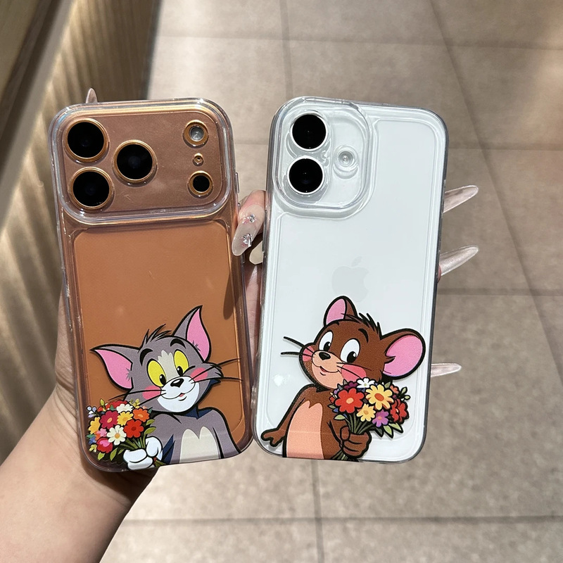 Hand-Held Flower Tom Jerry Suitable for Apple 17Promax Mobile Phone Case Ip16/15Pro Couple 14 Space Case 13