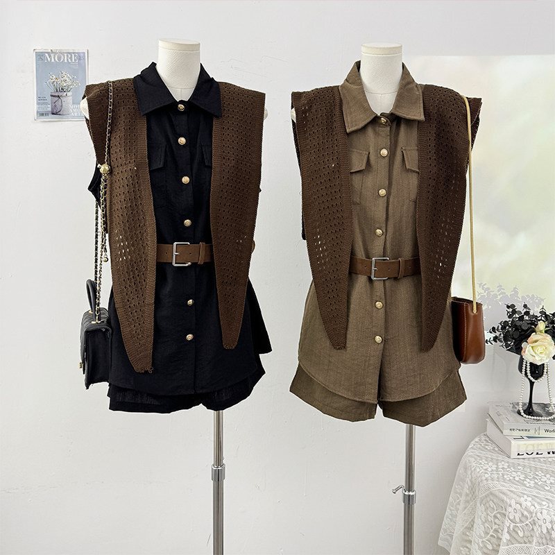 Korean-Style Knitted Shawl Lapel Vest Dress for Women Summer 2026 High-Waisted Loose Wide-Leg Casual Shorts Set