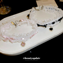 布艺蝴蝶结镶钻爱心吊坠项链韩系甜美气质颈链锁骨链简约可爱项饰