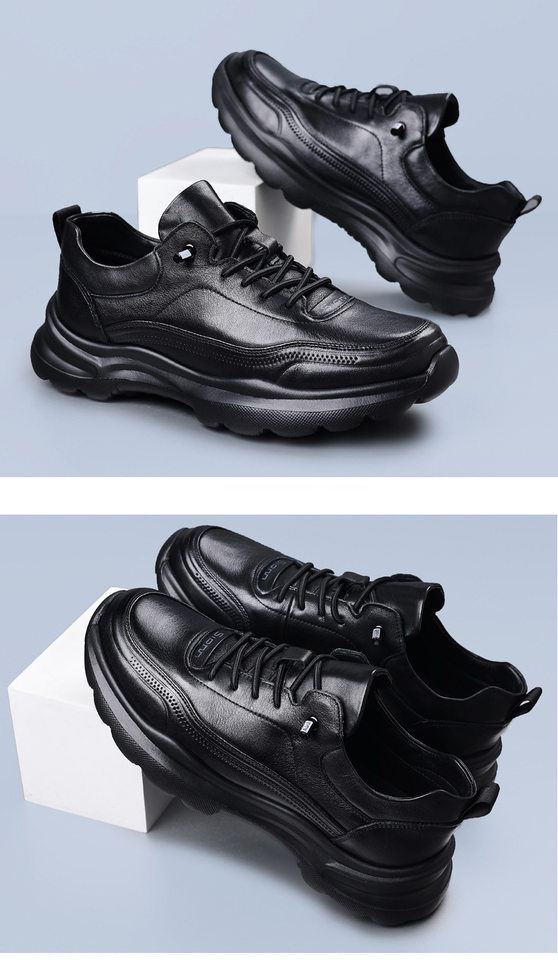 Giày sneaker nam da bò lớp đầu, đế xốp nhẹ, gót 3,5 cm — màu đen chi tiết 16