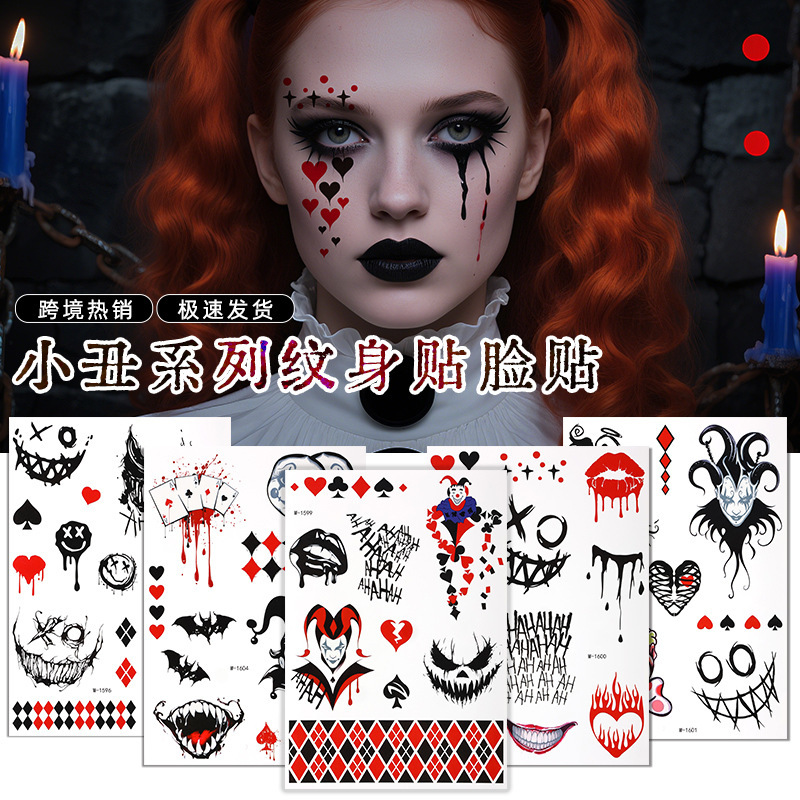 Cross-Border Halloween Ghost Face Clown Tattoo Stickers Party Party Temporary Arm Face European and American Makeup Stickers Tattos