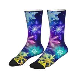 POD 印花跨境专供炫彩霓虹雪花梦幻冬季图案中筒袜
