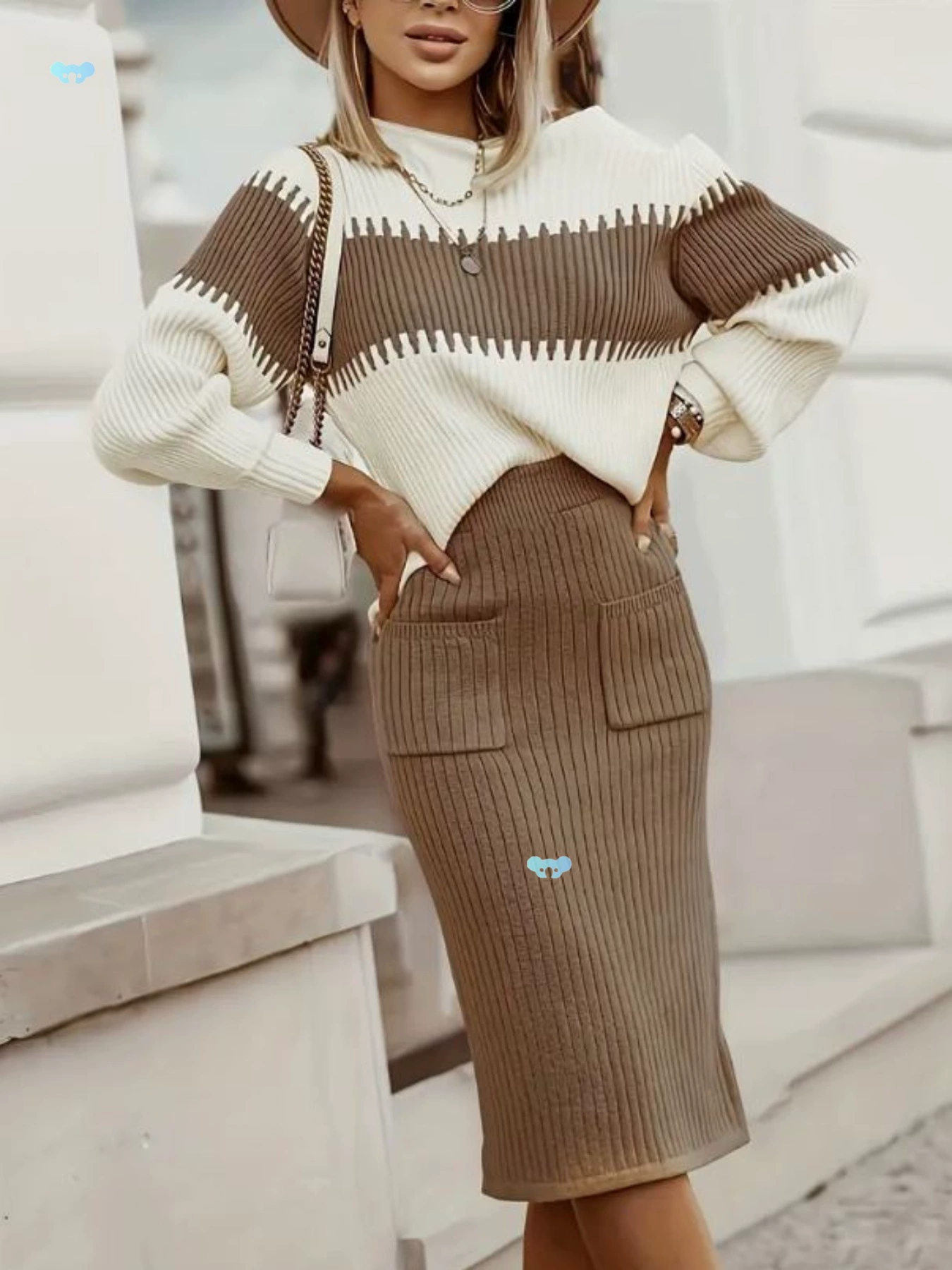 Элегантный комплект из вязаного свитера и юбки в полоску, смесь вискозы 50%