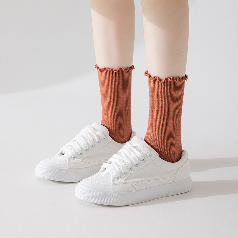 Damen Crew Socken Mit Wellensaum Für Herbst Und Winter Einfarbig_voghion.com