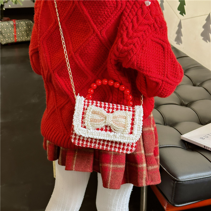 Año Nuevo gran bolso cuadrado rojo para niños bolso de perla bebé lindos bolso de cadena de arco bolso de cambio de niñas