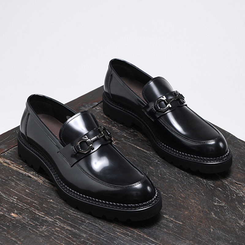 夏季套脚商务男鞋休闲鞋厚底男士乐福鞋真皮一脚蹬皮鞋男头层牛皮