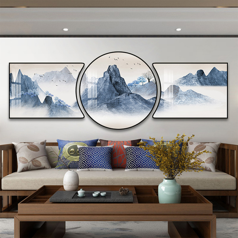 客厅壁画挂画沙发背景墙装饰画现代简约大气背靠金山风景画三联画-阿里巴巴