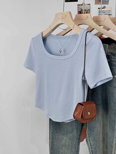 Milk Blue Threaded Right Shoulder T-Shirt for Women French Square Collar Curved Hem Short-Sleeved Ins Pure Desire Sexy Short Top Summer