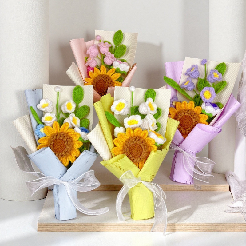 Ramo de lana hecho a mano de alta gama comercio exterior girasol transfronterizo rosa adornos de punto decoración del hogar