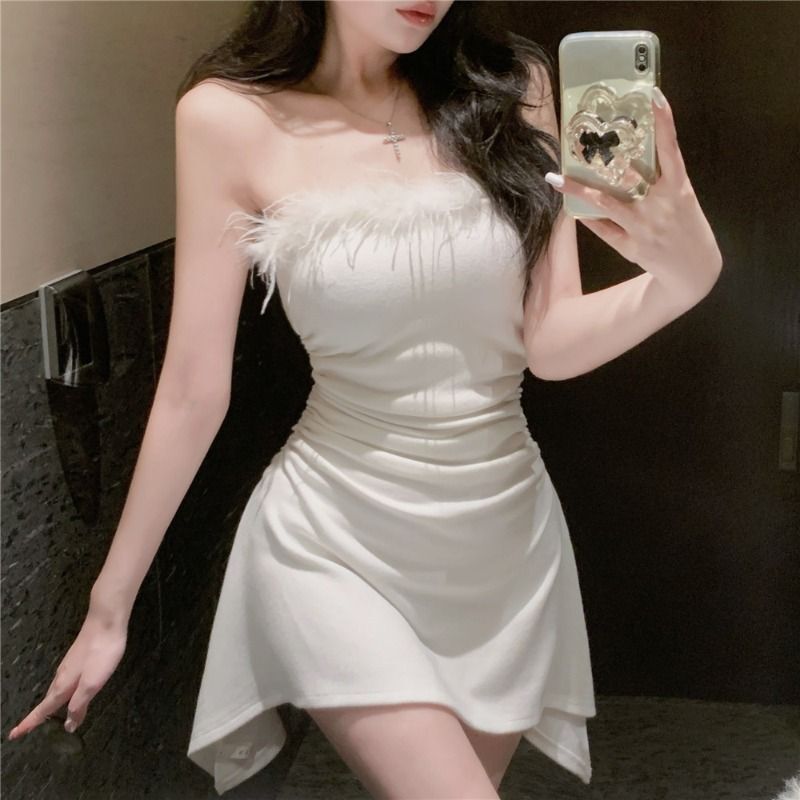Cross-Border Wholesale Sexy Tube Top Dress High-Waisted Elegant Waist-Cinching Irregular Slimming Korean Style Dress Short Skirt