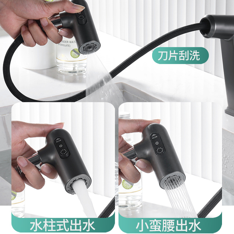 Baño uno por uno, pistola de trefilado de cobre, grifo de lavabo gris, lavabo bajo de lujo ligero, grifo de agua fría y caliente