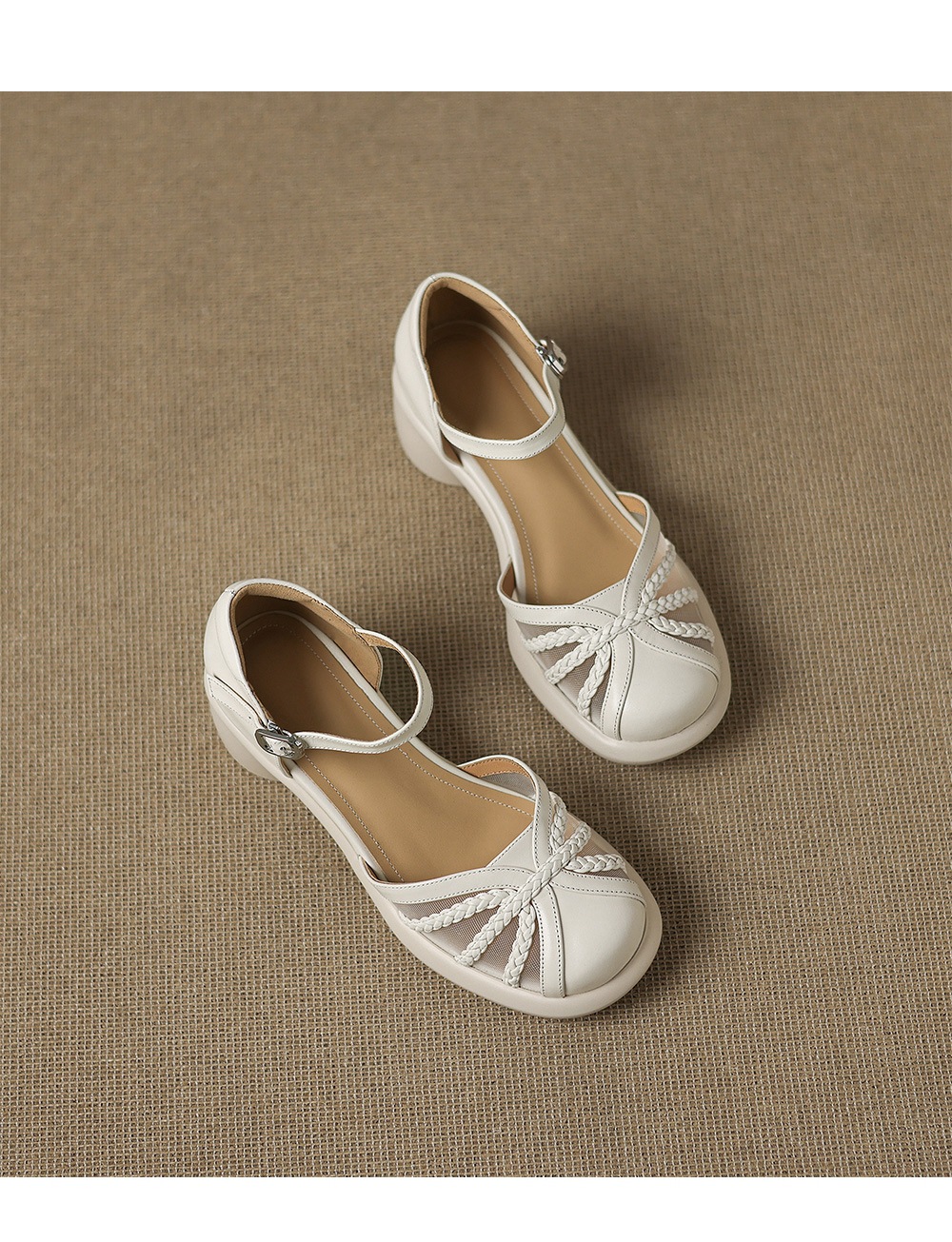 Sandal quai ngang nữ mũi bao da bò gót dày kiểu La Mã lưới rỗng — đen chi tiết 14