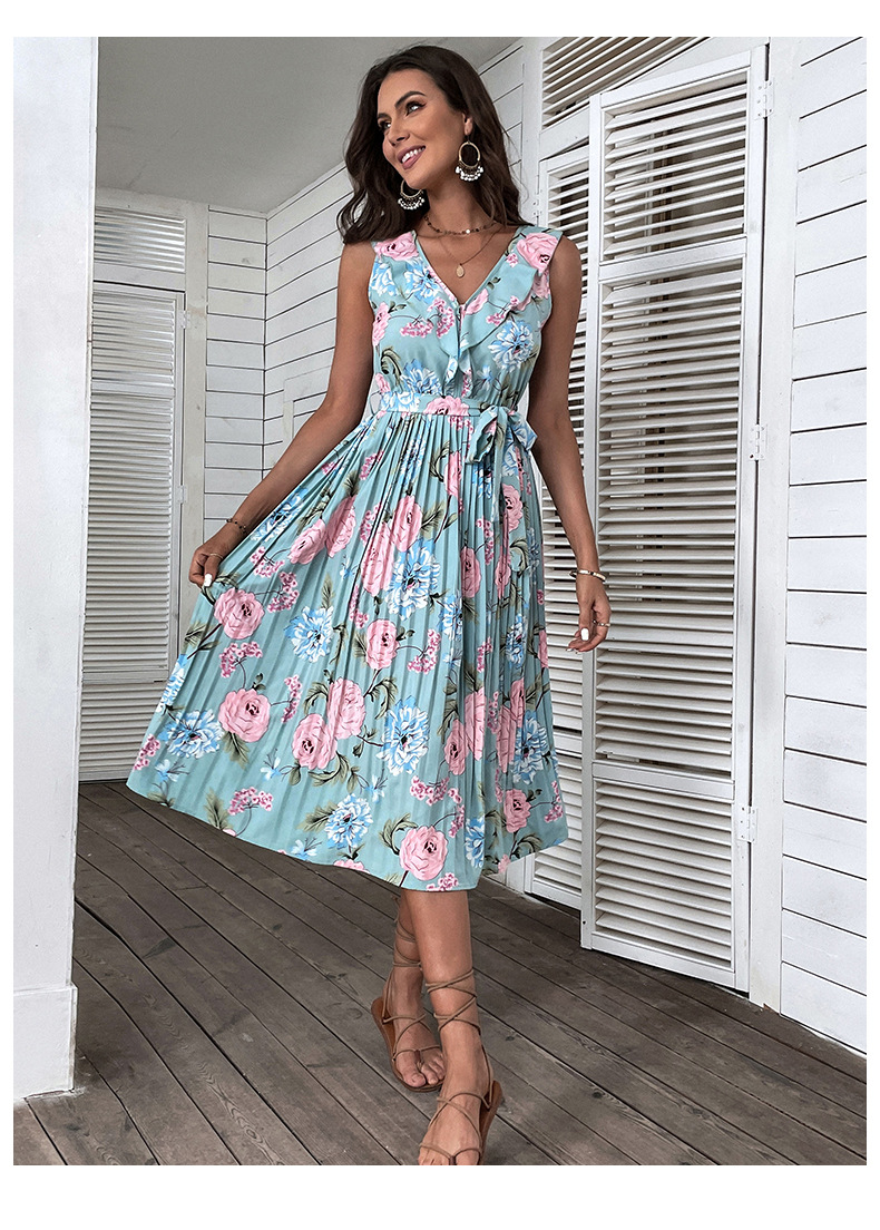 pleated flower print ruffled lace-up backless v neck dress NSDMB127447