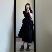 2024新款黑色连衣裙子女装夏季收腰显瘦长裙茶歇法式赫本风小黑裙