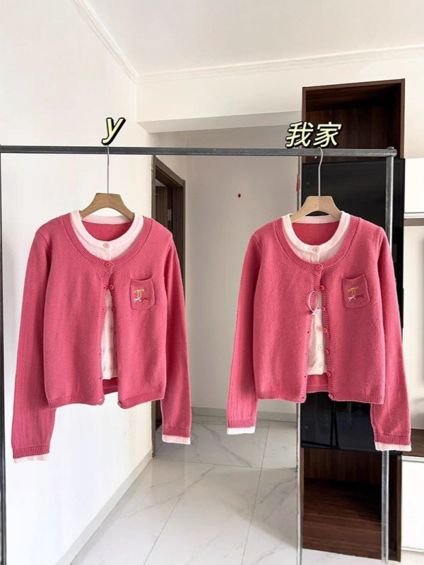 荔莓奶酪假两件针织开衫女秋冬季新款刺绣温柔风短款毛衣外套|undefined
