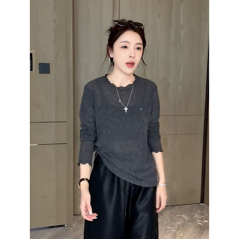 大码女装圆领木耳边灰色长袖t恤秋季新款胖mm显瘦内搭打底衫上衣|undefined
