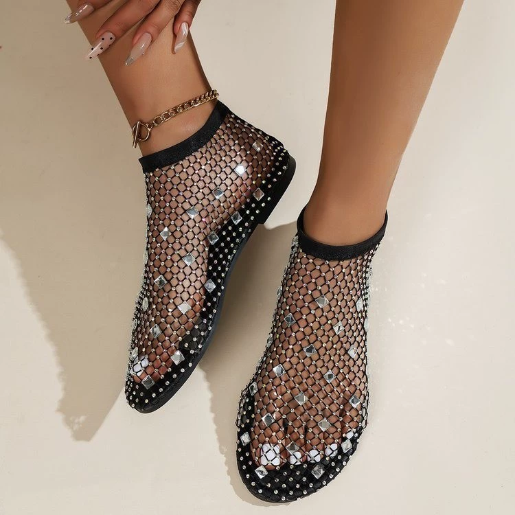 Summer mesh ankle boots, rhinestone embellished, elastic ankle band, sizes 36–43