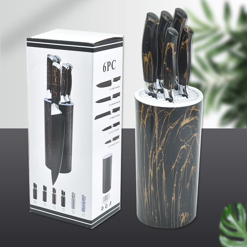 Nuevo cuchillo antiadherente de acero inoxidable estilo occidental cubierto de mango 6 piezas de cuchillo incluido el almacenamiento de cuchillos de cuchillos de cocina de barril al por mayor