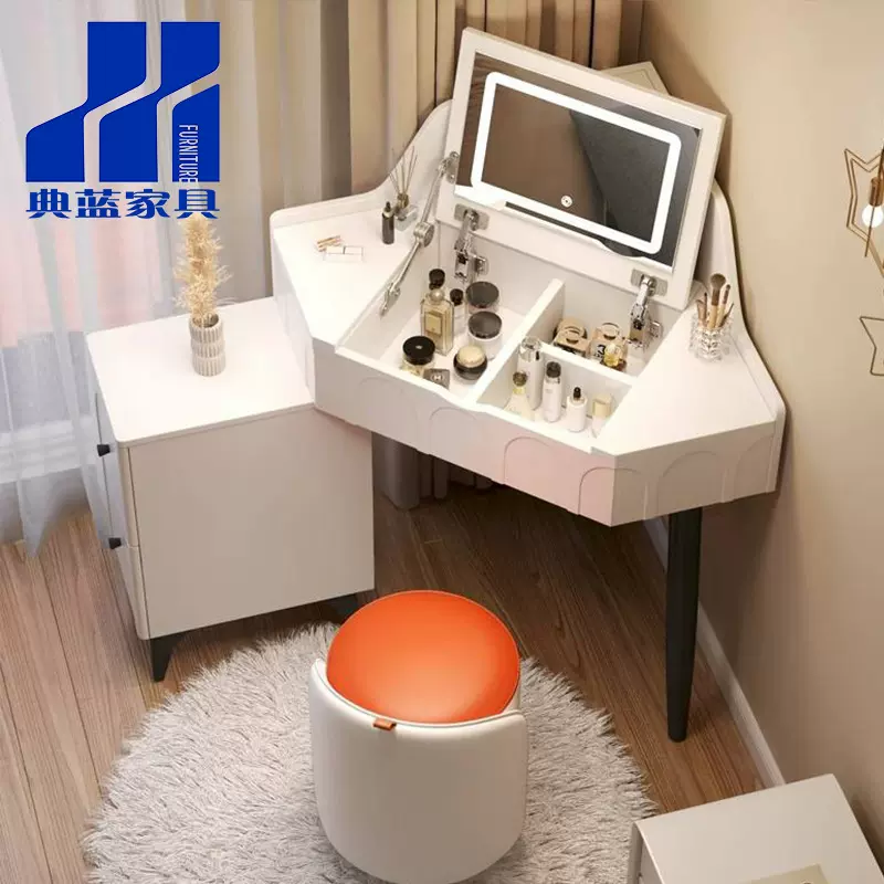 轻奢转角梳妆台简约现代女生卧室梳妆台伸缩多功能化妆柜收纳一体