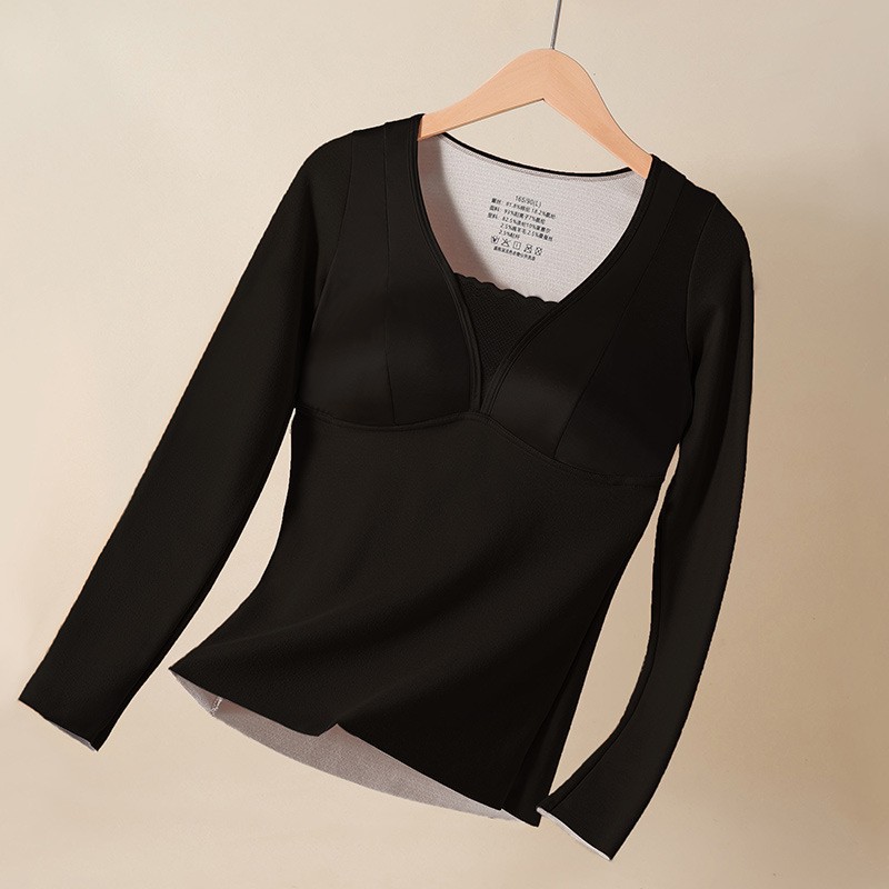 Otoño y invierno satin lana seda cálida mangas largas ropa interior molida damas con almohadilla de pecho para proteger el estómago de la camiseta delgada camiseta superior
