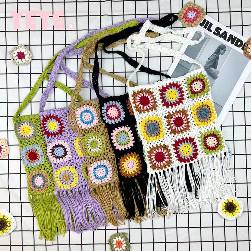 Bos and Mia Ethnic Style Women's Bag Single Shoulder Crossbody Bag Mixed Color Woven Flower Block Pure Hand Woven Women's Bag