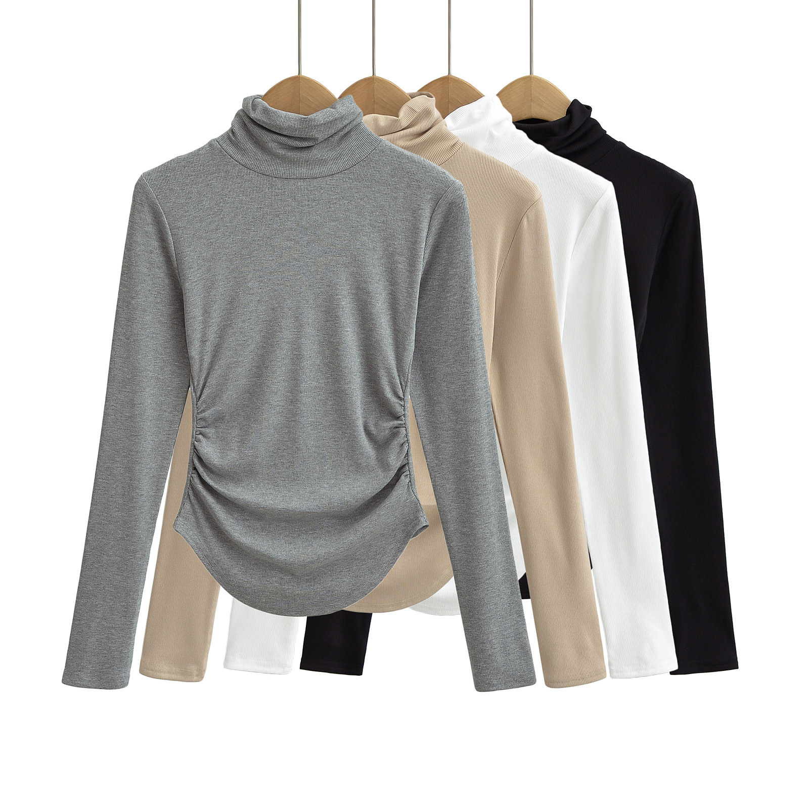 가을과 겨울 샌딩 양털 주름 허리 긴팔 티셔츠 여성용 2023 새로운 퓨어 하이 넥 타이트 내부 탑