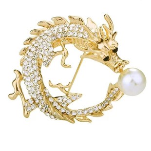 European and American Fashion Full Diamond Chinese Dragon Brooch Trendy Creative Pearl Animal Clothing Pin Men's Dragon Tuo Pearl Pin