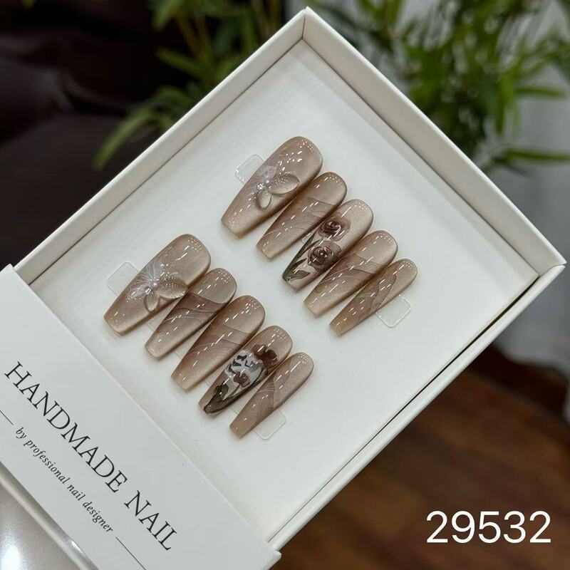 【純手作りのつけ爪29-32】ロングフレンチキャットアイパッチ付け爪、取り外し可能なネイルアートコレクション|undefined