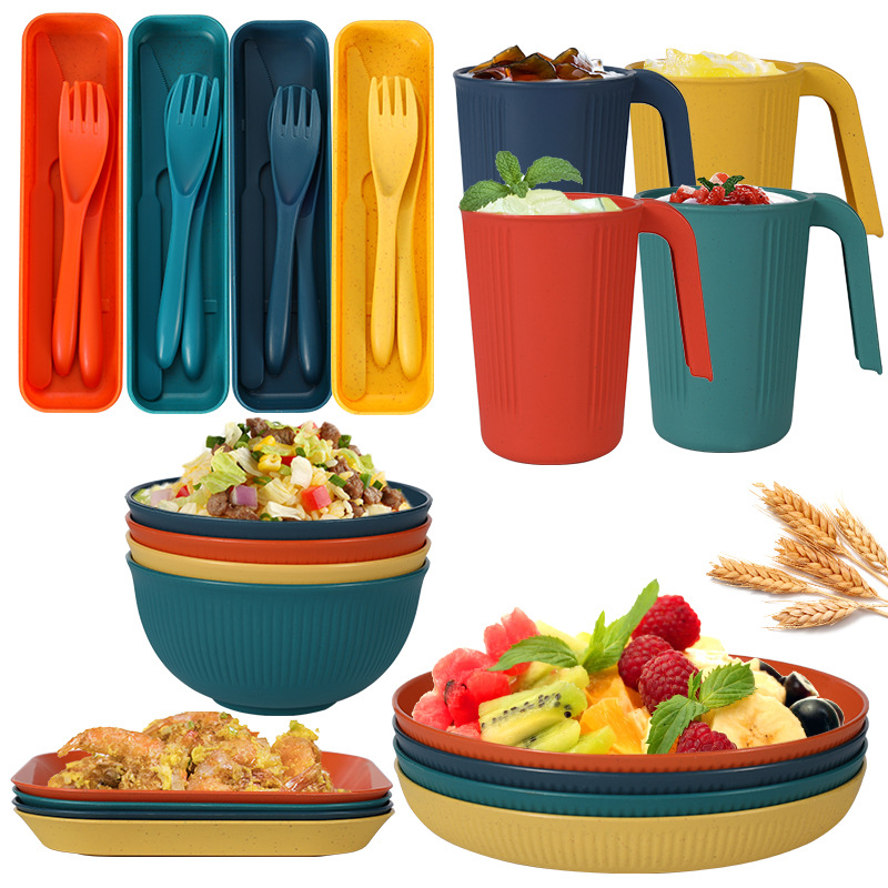 Amazon Foreign Trade Supply Wheat Straw Bowls Plates Cups Spoons Forks Utensils Home Dinnerware Set Portable Tableware Set