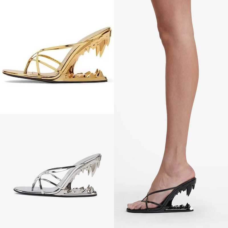 2023 Round Toe Slip-on Golden Tiger Teeth High Heel Open Toe Slippers Sandals Shaped Heel Flip Flops Large Size Women's Shoes
