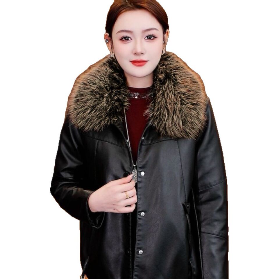 Áo khoác da PU dáng ngắn có lông cổ tháo rời, lót lông giữ ấm, form rộng — màu cà phê, màu đỏ, đen