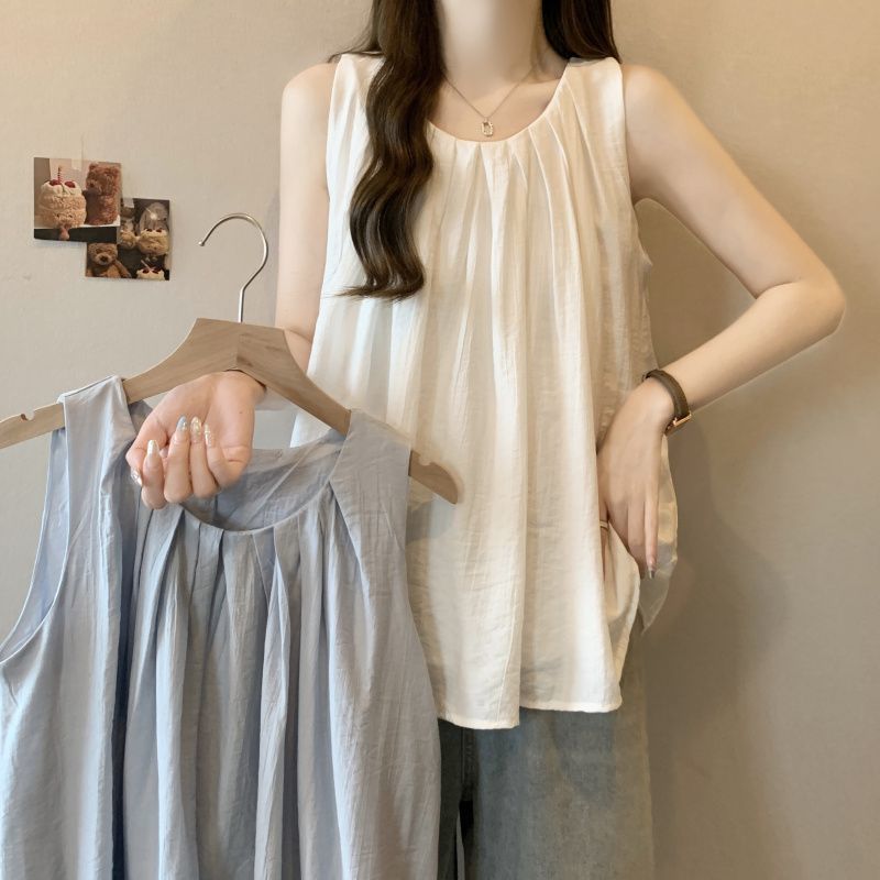 빅사이즈 라운드넥 민소매 탑 여성 여름 2026 신상 뚱뚱한 여성을 위한 루즈핏 슬리밍 다용도 살 커버 상의