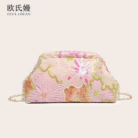 中式复古旗袍刺绣斜挎包小众轻奢百搭链条腋下包休闲高颜值包包女