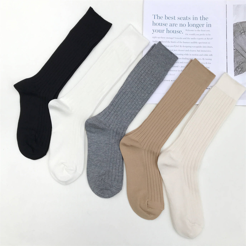 Socks for Women in All Seasons, Calf Socks, Pure Color Double-Needle Slimming Look Stockings, Jk Style Pile Socks, Breathable and Comfortable Calf Socks