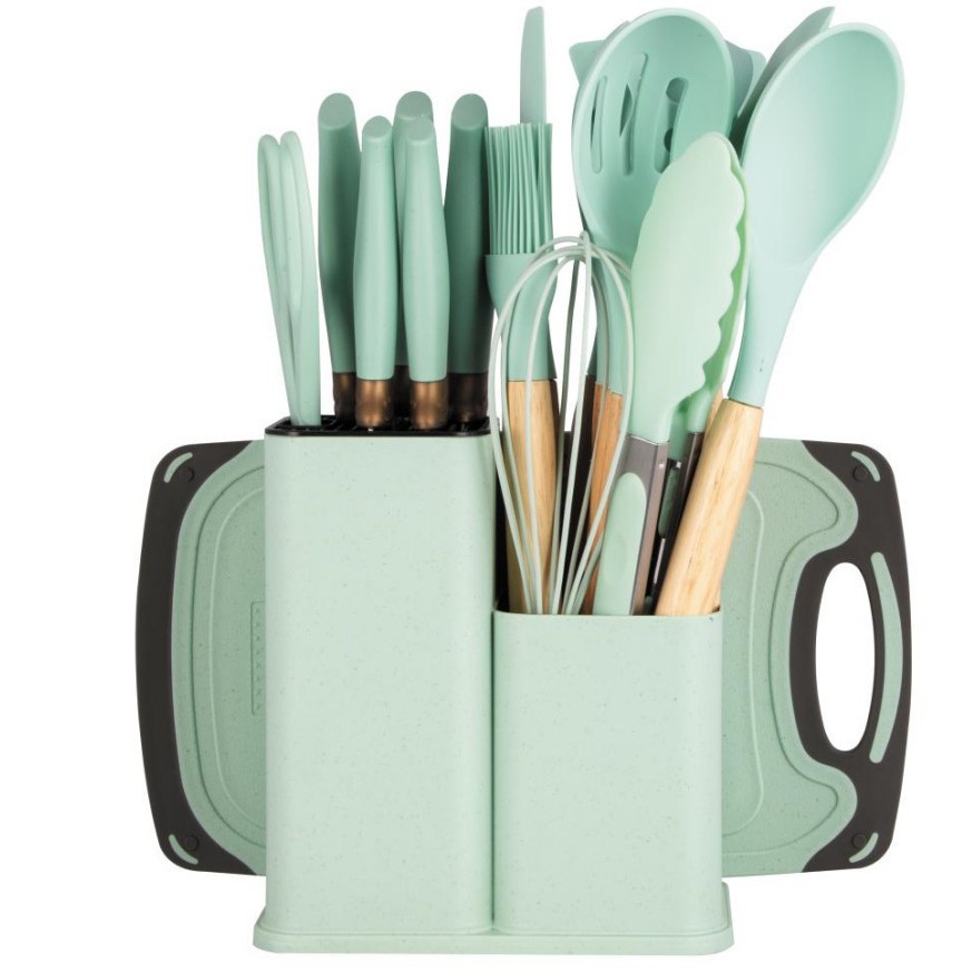 Juego de utensilios de cocina de silicona transfronterizo de 19 piezas, utensilios de cocina antiadherentes con mango de madera y cubo de almacenamiento, juego de cuchillos de silicona ‌