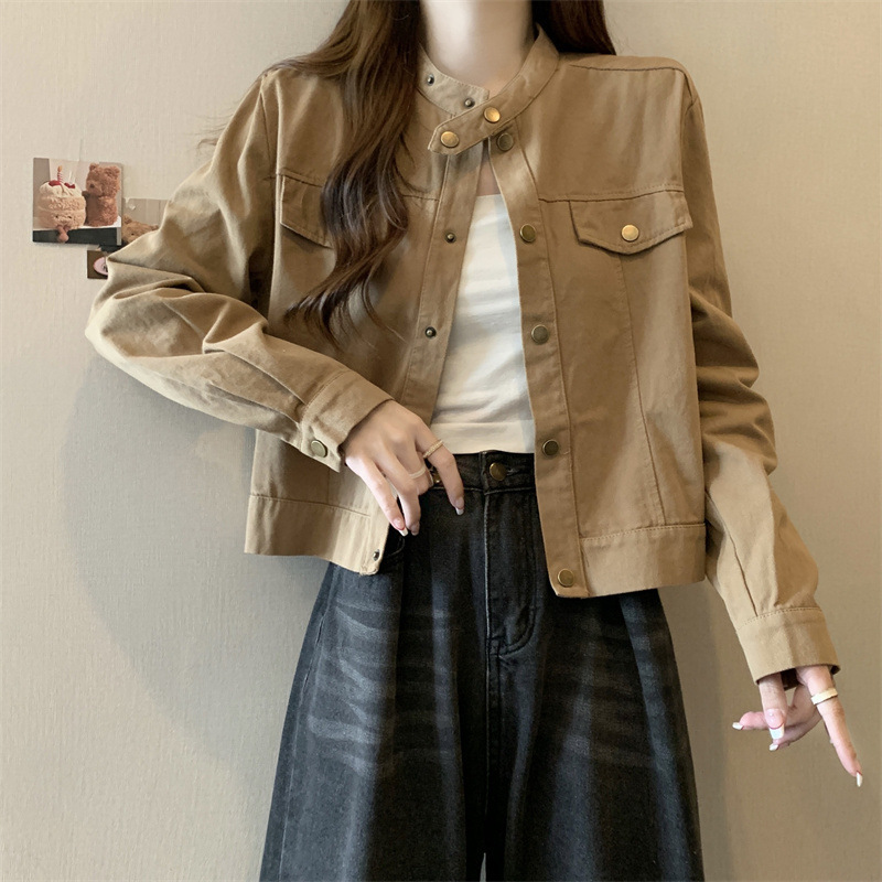 大码女装长袖立领咖色外套女春秋新款胖mm显瘦宽松短款复古夹克潮|undefined