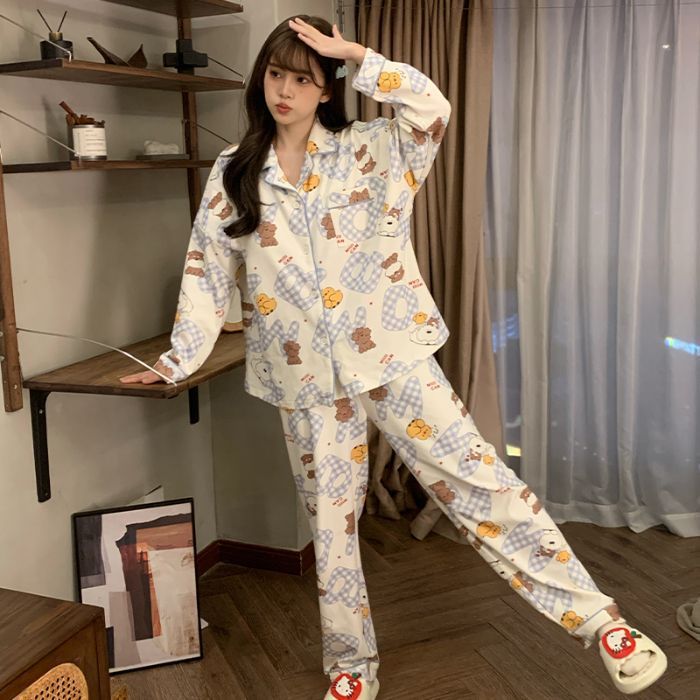 日系卡通睡衣女春秋季新款棉绸波点腊肠狗长袖大码网红家居服套装|undefined