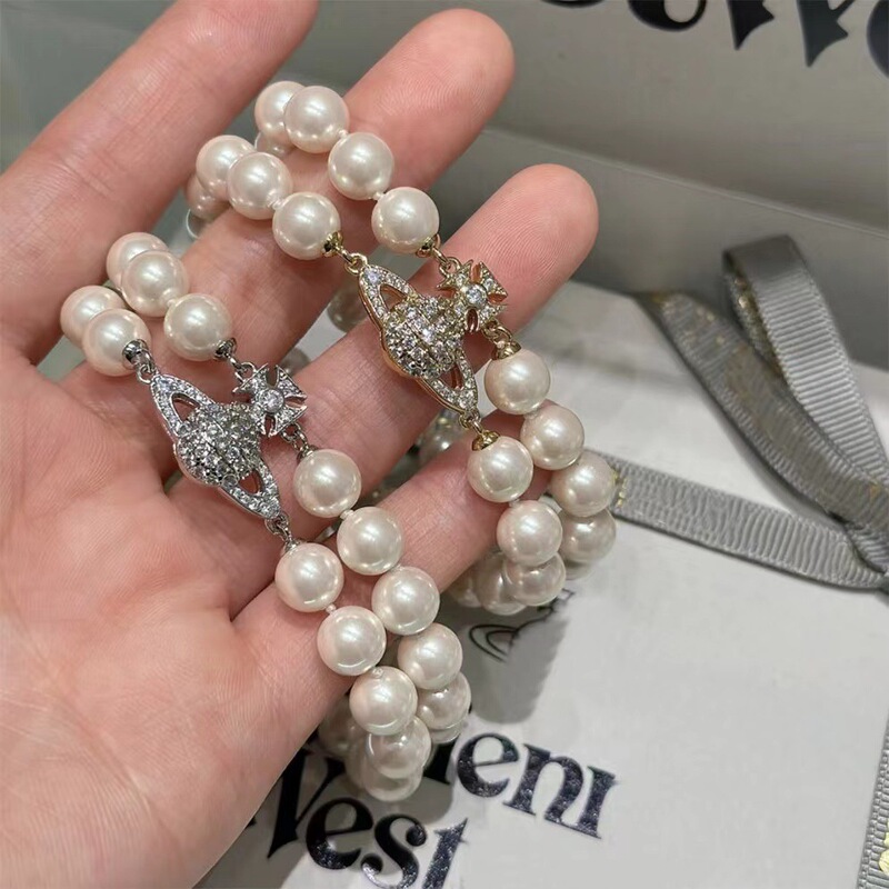 Vivienne Westwood Double-Layer Pearl Saturn Magnetic Clasp Bracelet for Women Classic Retro Full Diamond Planet Pearl Bracelet