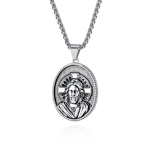 Cross-border European and American antique-style human figure titanium steel necklace round pendant niche personalized protective accessory sweater chain pendant