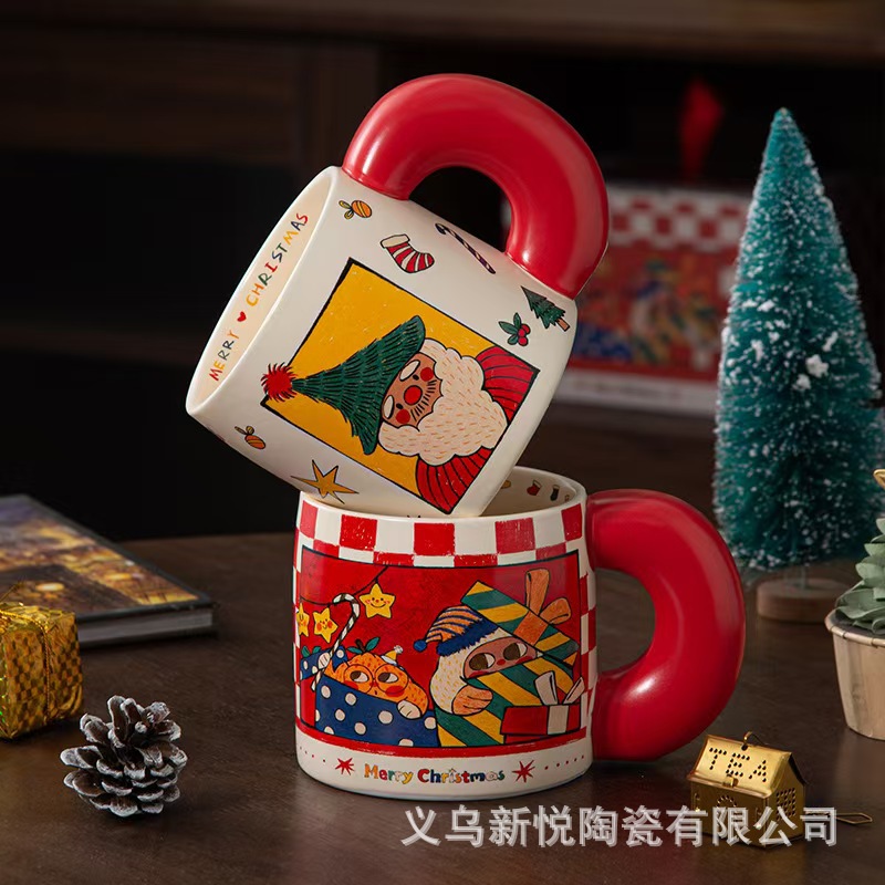 创意圣诞杯子带勺带手柄新年杯白瓷卡通水杯圣诞节马克杯