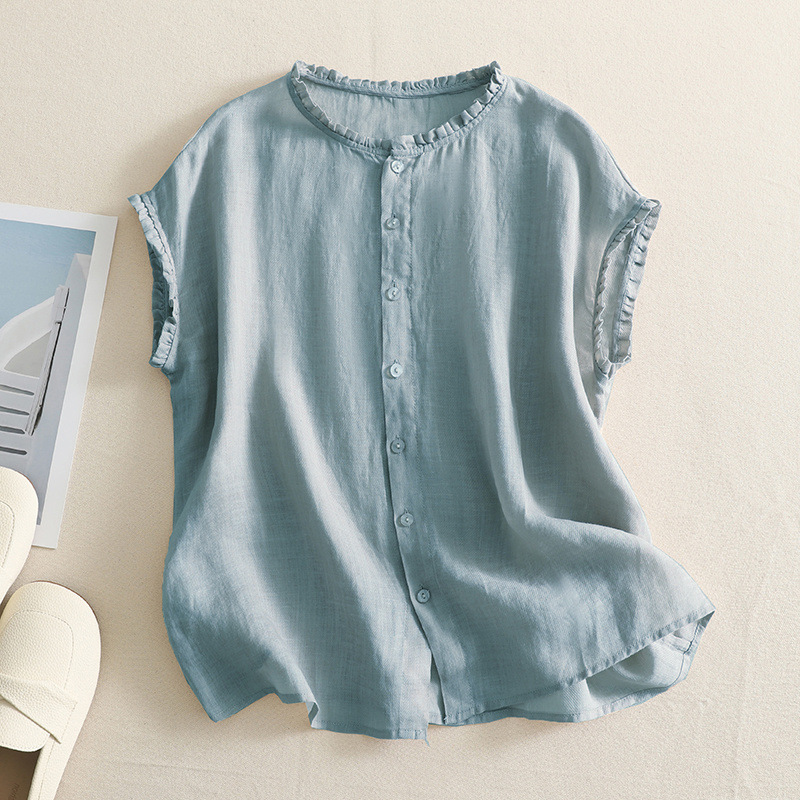 Real Shot of 2025 Summer Cotton-Linen Short Shirt with Ruffled Edges, Artistic Single-Breasted Short-Sleeve Blouse for Petite Women, Thin Style Real Shot of 2025 Summer Cotton-Linen Short Shirt with Ruffled Edges, Artistic Single-Breasted Short-Sleeve Blouse for Petite Women, Thin Style