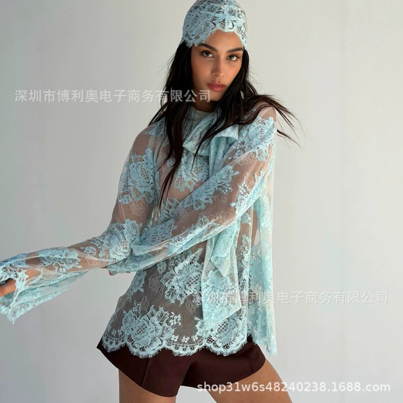 2026 Spring/Summer New European and American Style Sheer Full Lace Top for Women with Ribbon Design, Flared Long Sleeves, Loose Fit, for Trendy Girls 2026 Spring/Summer New European and American Style Sheer Full Lace Top for Women with Ribbon Design, Flared Long Sleeves, Loose Fit, for Trendy Girls