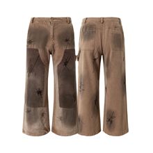 2025春秋复古划痕拼布冷转印视觉工装裤男女同款做旧牛仔休闲裤潮