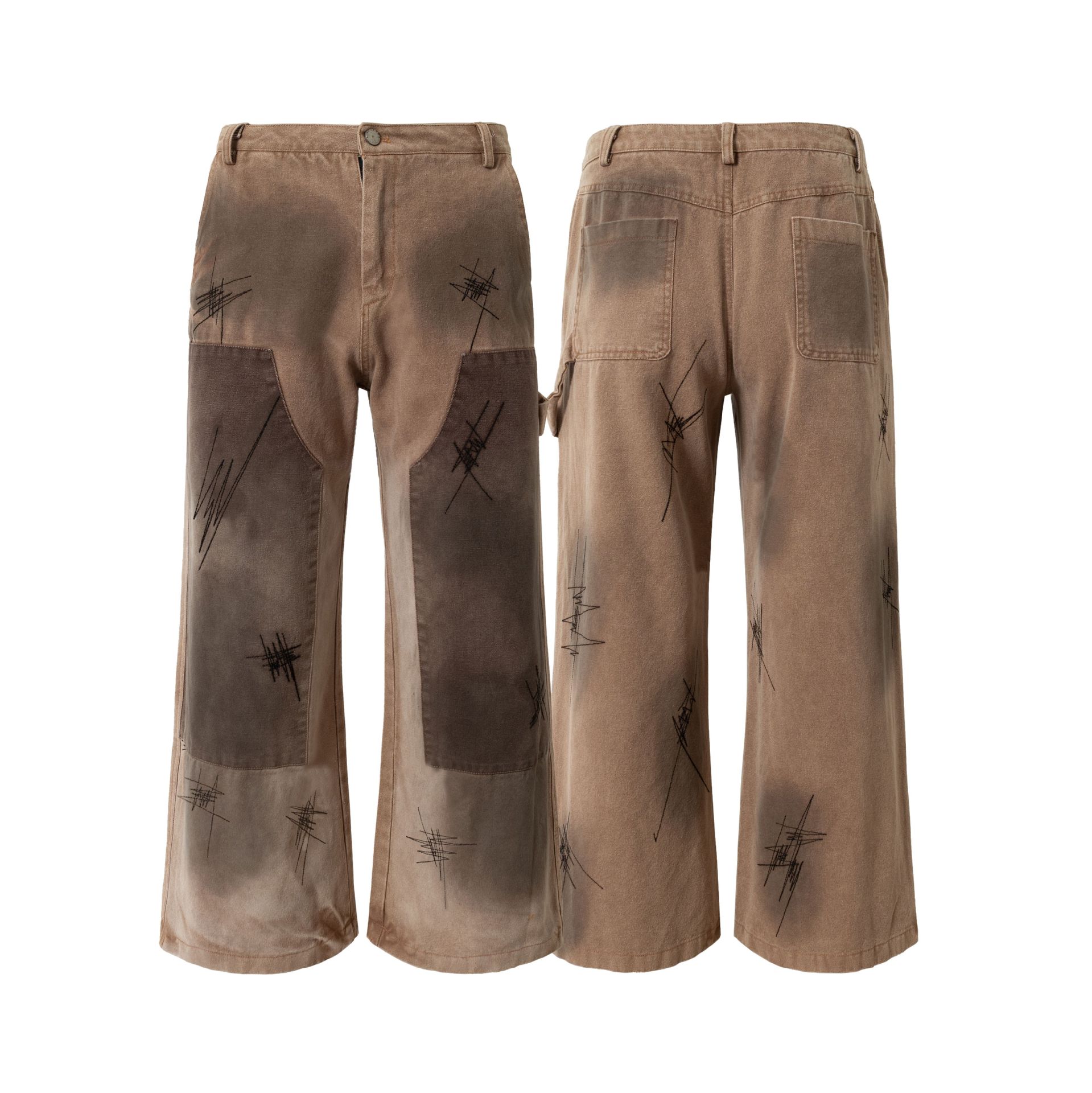 2025春秋复古划痕拼布冷转印视觉工装裤男女同款做旧牛仔休闲裤潮