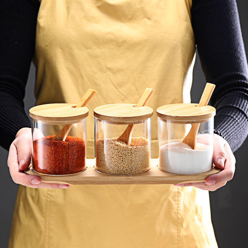 Tarro de condimento transparente con tapa de bambú y madera con cuchara, caja de condimento a prueba de humedad, botella de condimento de vidrio de borosilicato para el hogar