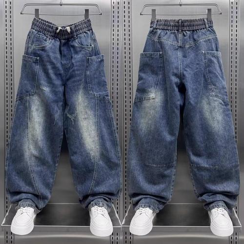Autumn and winter new arrival denim pants—men's multi-pocket loose straight-leg pants, youth-style washed vintage trendy bootcut pants.